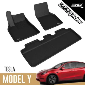 2020-21 Tesla Model Y - 3D MAXpider All-Weather Floor Mats Custom Fit Car Floor Liners, Kagu Series (1st & 2nd Row, Black)