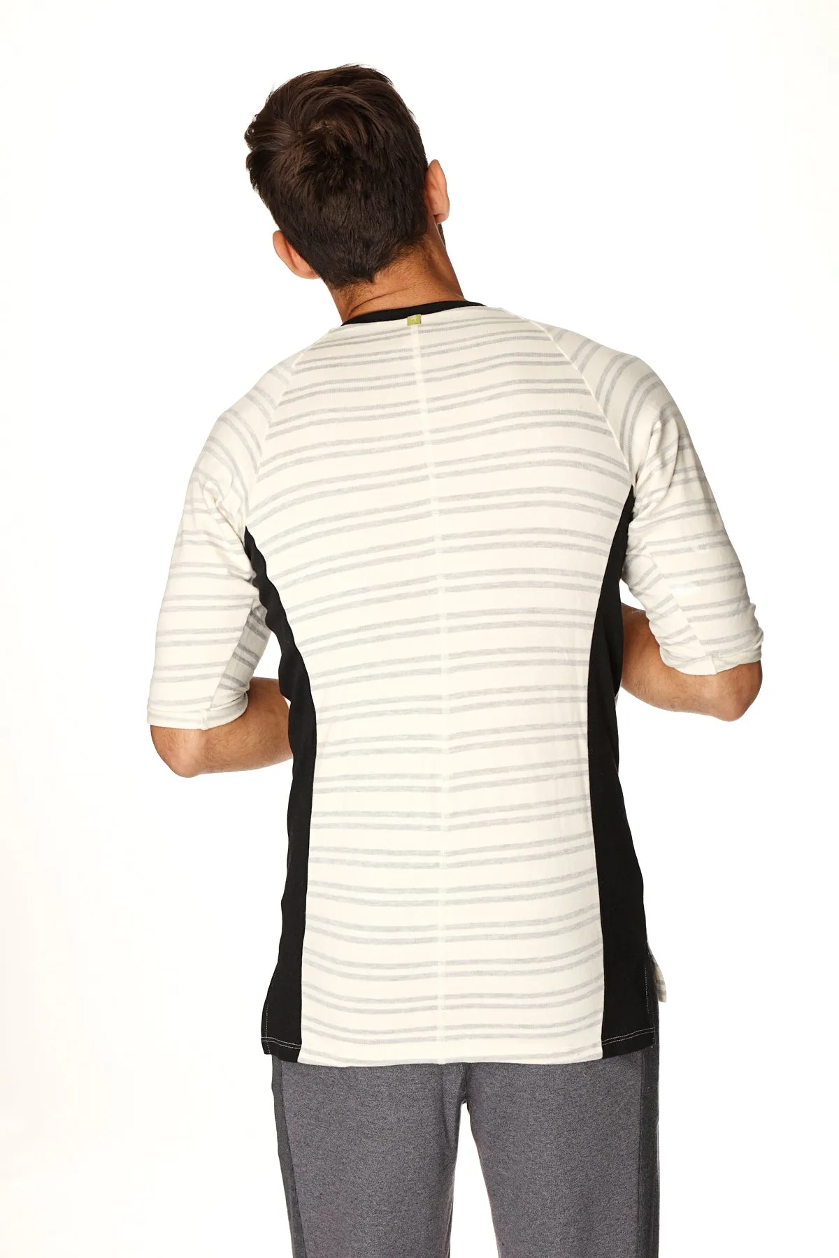 4-rth Mens Vintage-Stripe Henley Tee in French Terry Loop (Grey Double Stripe)