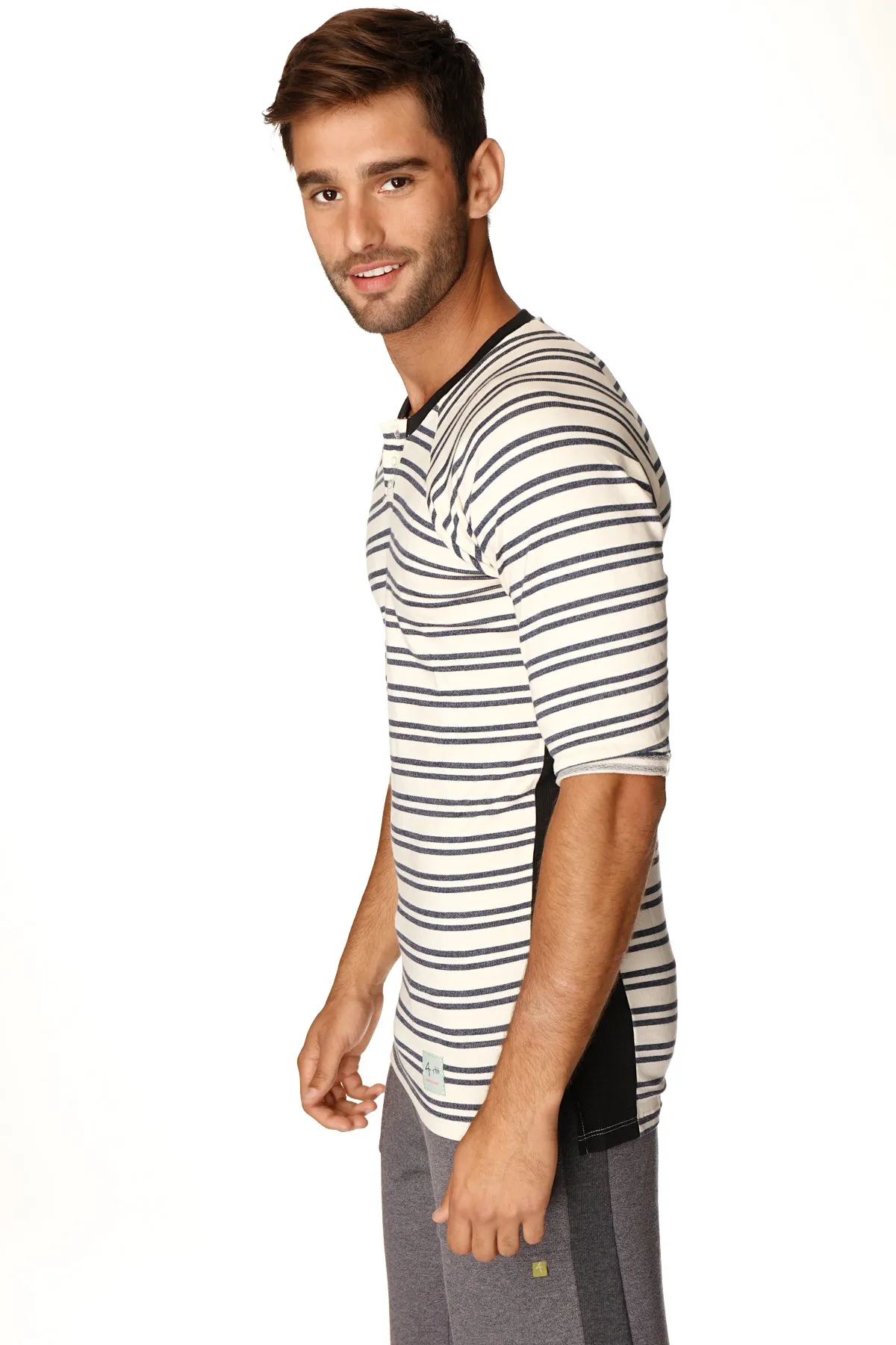 4-rth Mens Vintage-Stripe Henley Tee in French Terry Loop (Navy Double Stripe)