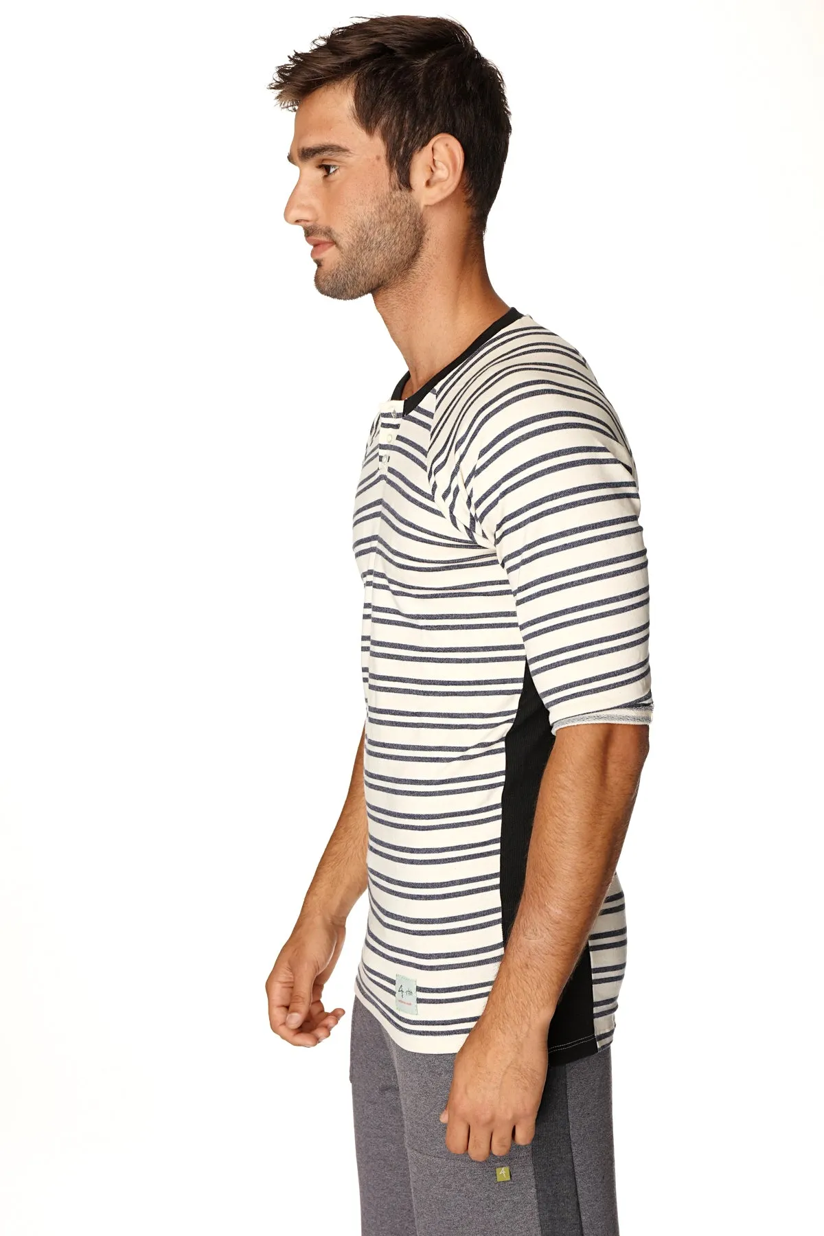 4-rth Mens Vintage-Stripe Henley Tee in French Terry Loop (Navy Double Stripe)