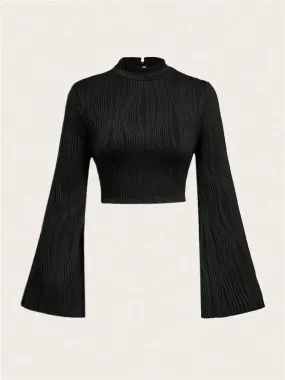 A&A Black Mock Neck Flare Long Sleeve Crop Top