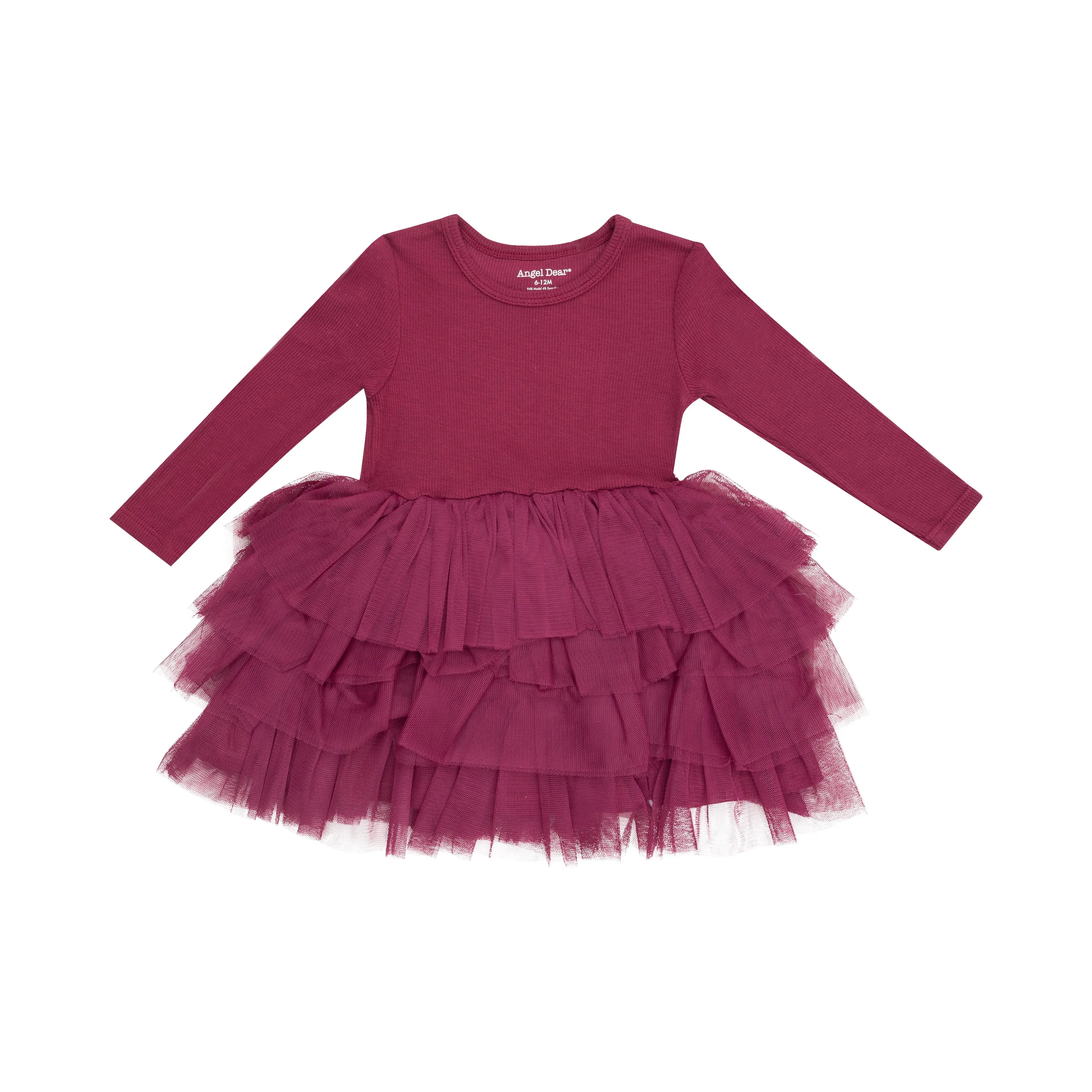 Angel Dear - L/s Layered Tulle Dress-Ribbed Rose Bud