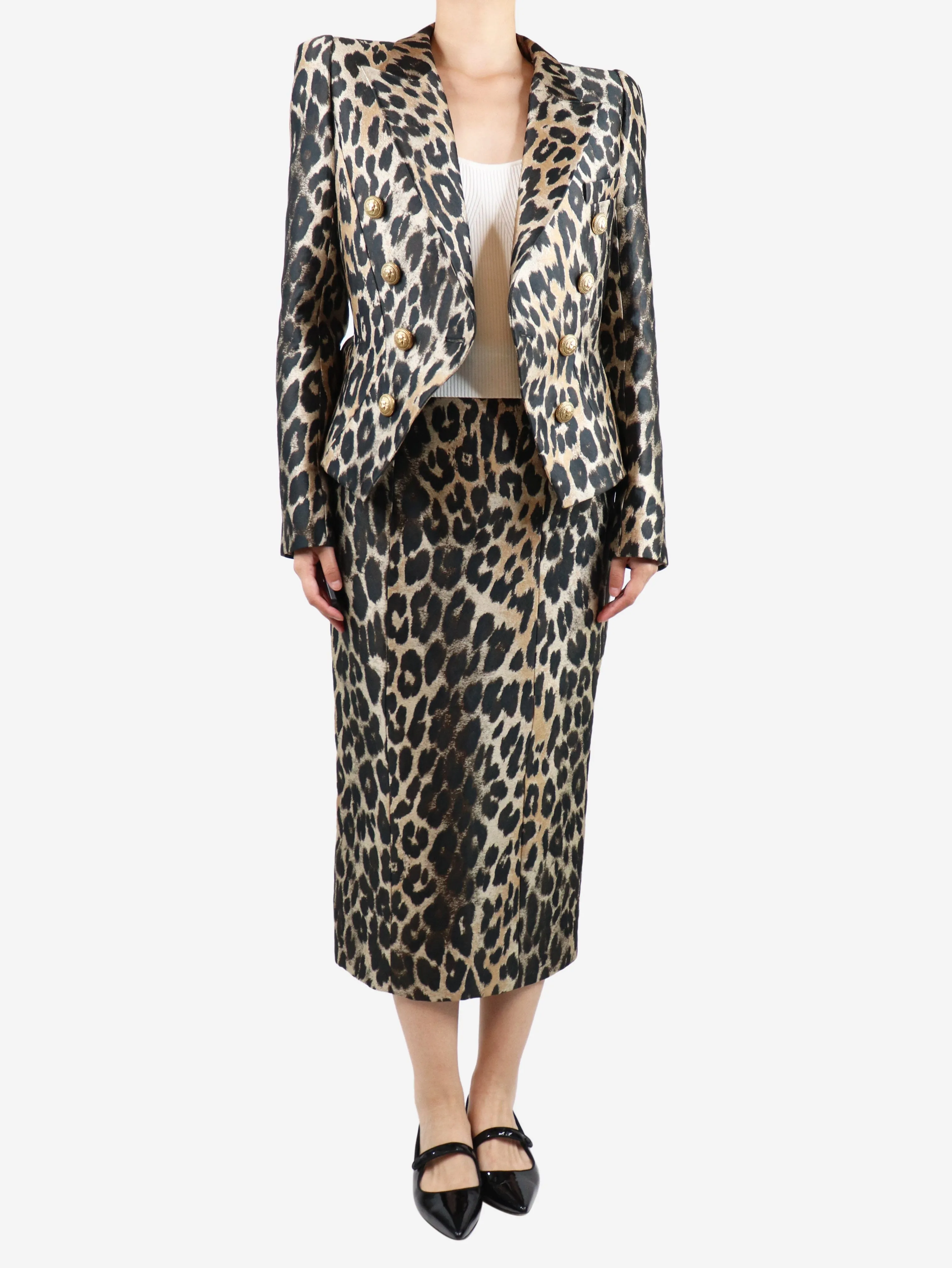 Animal Print Leopard-print peak-lapel woven blazer and skirt set - size UK 12