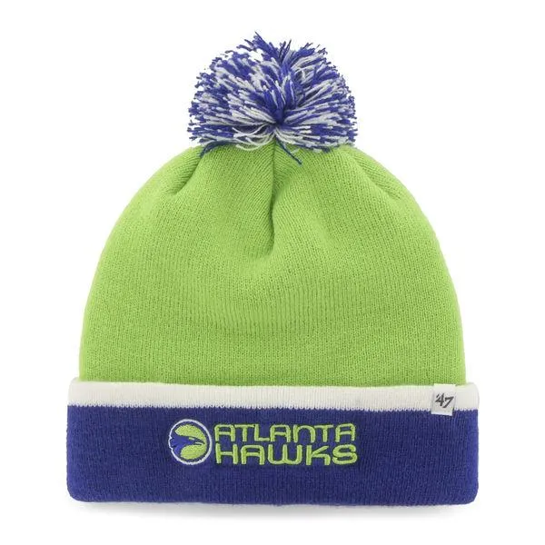 Atlanta Hawks 47 Brand Lime Green Blue Baraka Retro 1970 Poofball Beanie Hat Cap