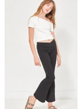 black crossover waist ribbed flare pants