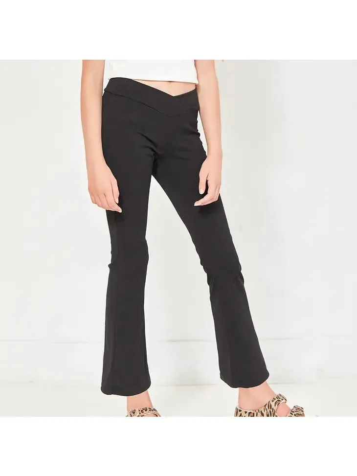 black crossover waist ribbed flare pants