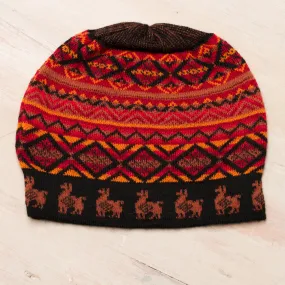 Black Red and Orange Diamond Motif Alpaca Blend Knit Hat - Alpaca Sunset | NOVICA