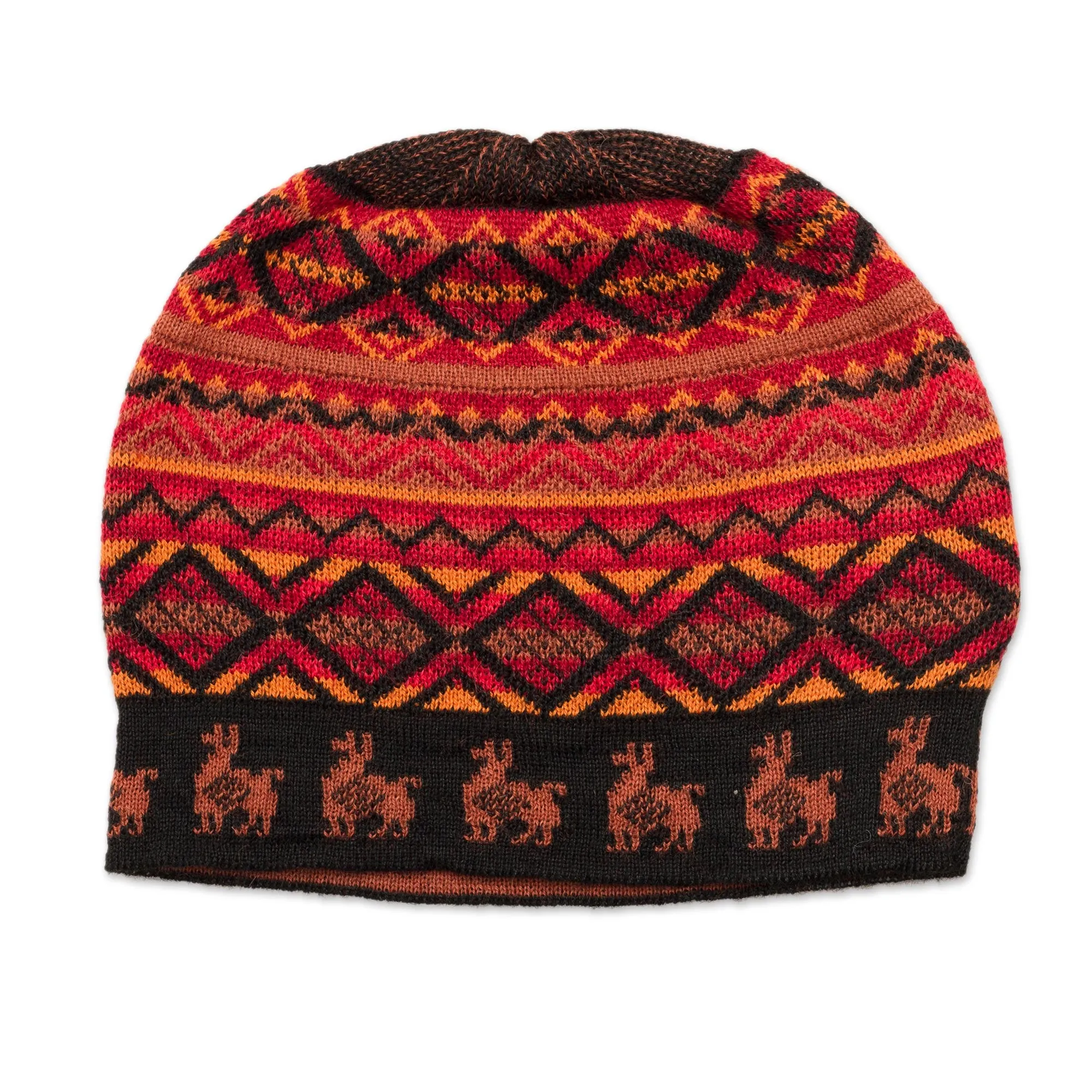 Black Red and Orange Diamond Motif Alpaca Blend Knit Hat - Alpaca Sunset | NOVICA