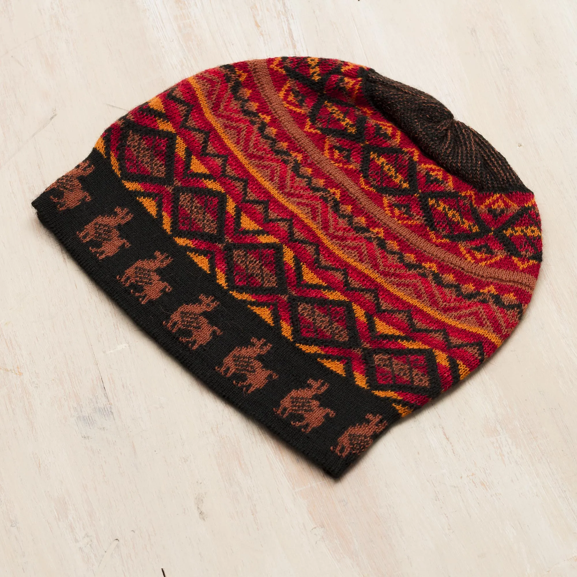 Black Red and Orange Diamond Motif Alpaca Blend Knit Hat - Alpaca Sunset | NOVICA