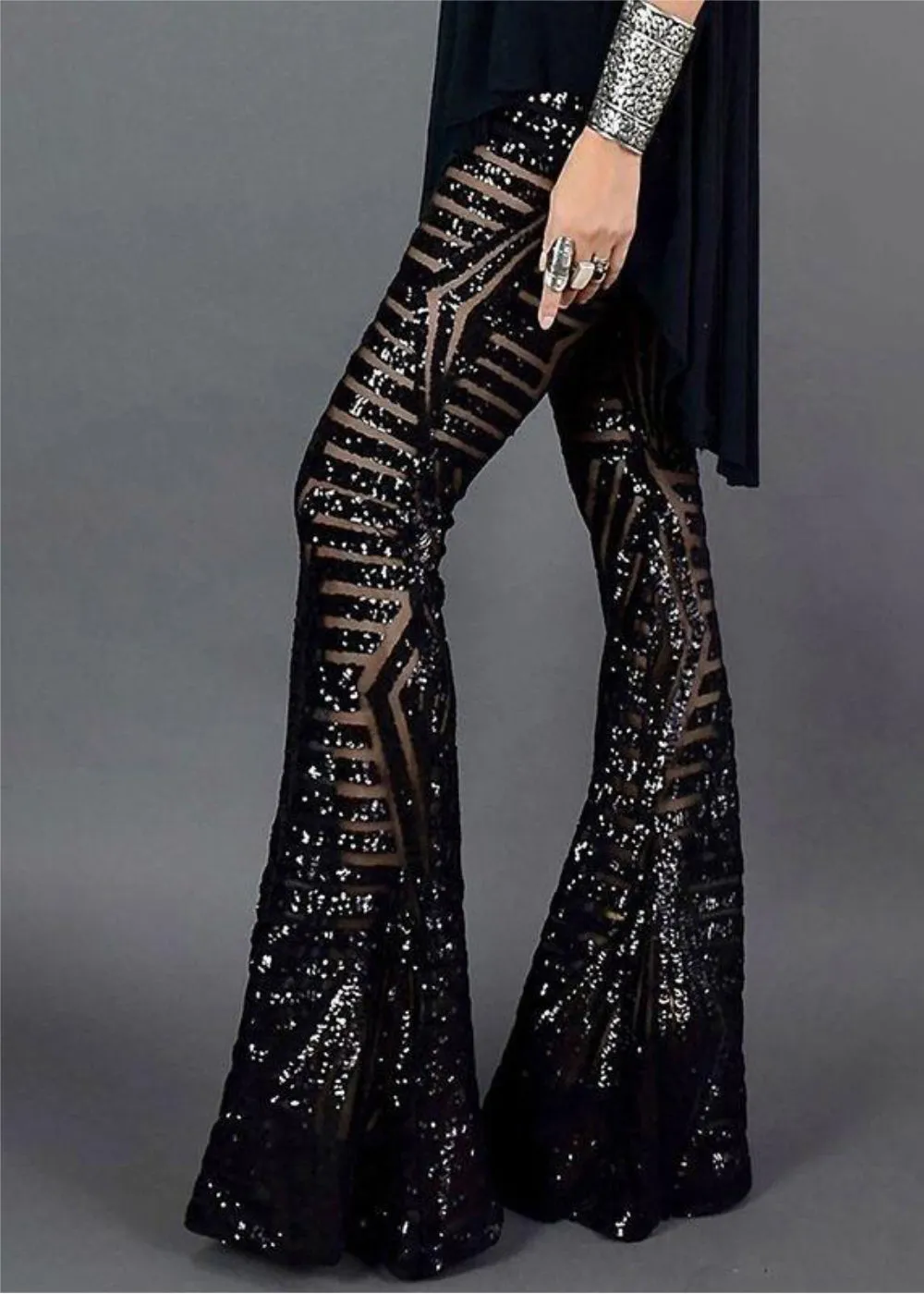 Black Sequin Flare Pants Sparkling Bell Bottoms