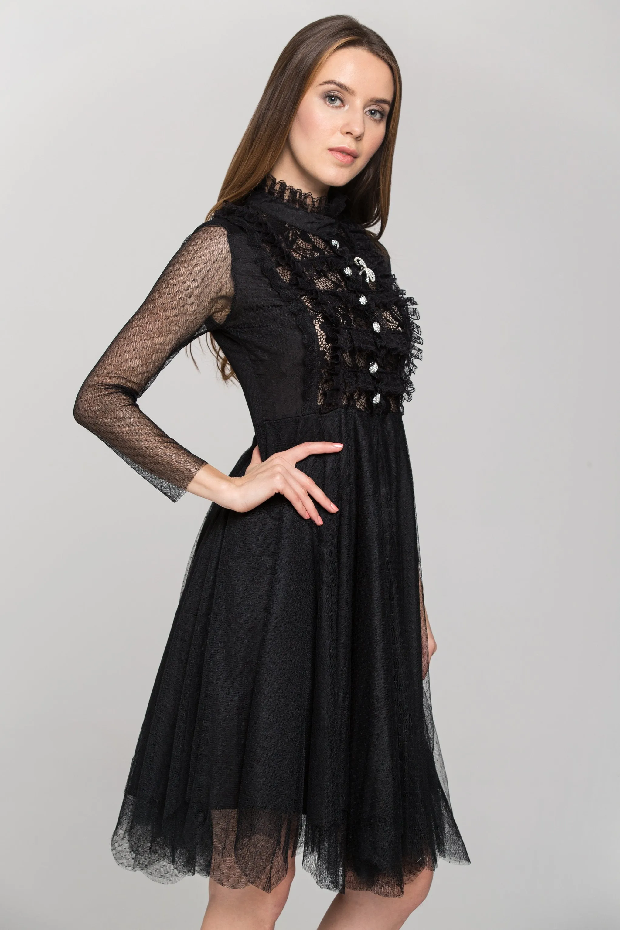 Black Sheer Sleeved Lace Bib Midi Dress