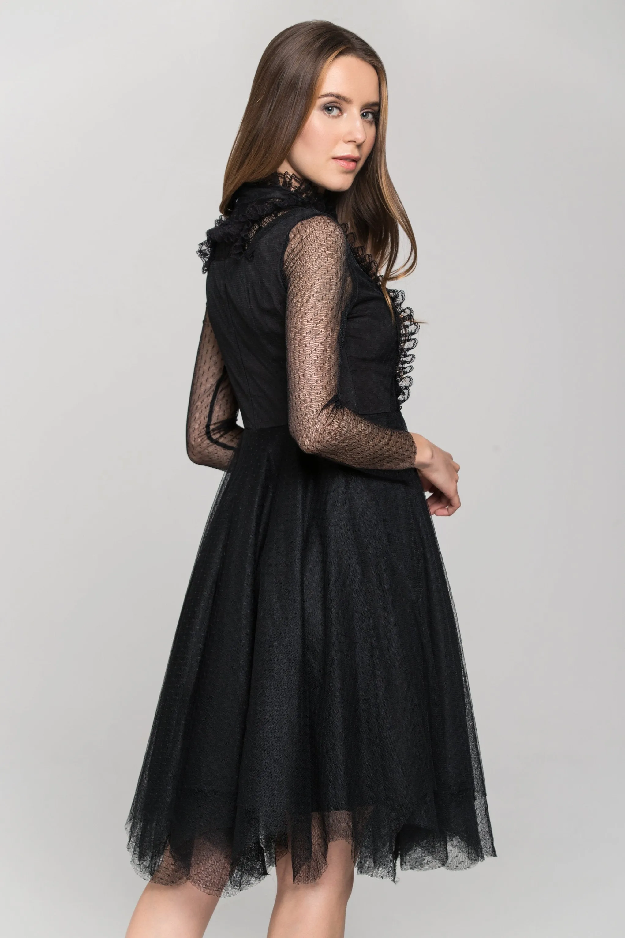 Black Sheer Sleeved Lace Bib Midi Dress