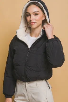 Black Zip Up Cropped Hooded Sherpa Jacket