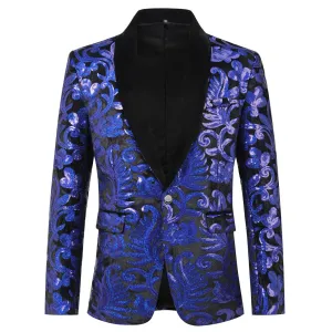 Blue Sequins Blazer Shawl Collar Blazer