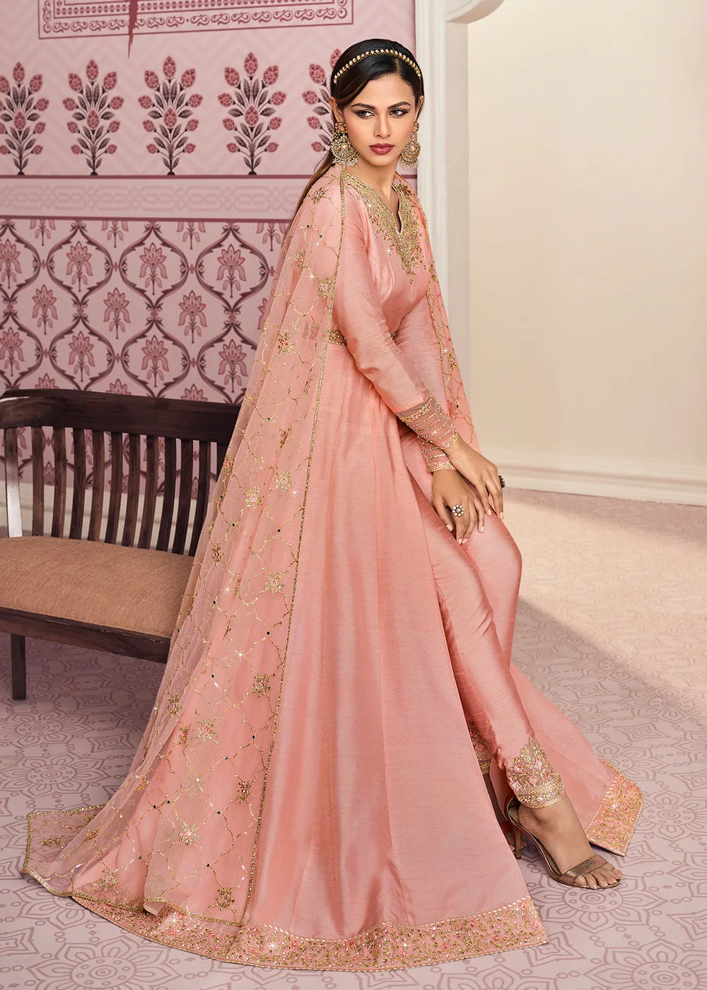 Blush Pink Art Silk Fabric Indian Embroidered Anarkali Suit