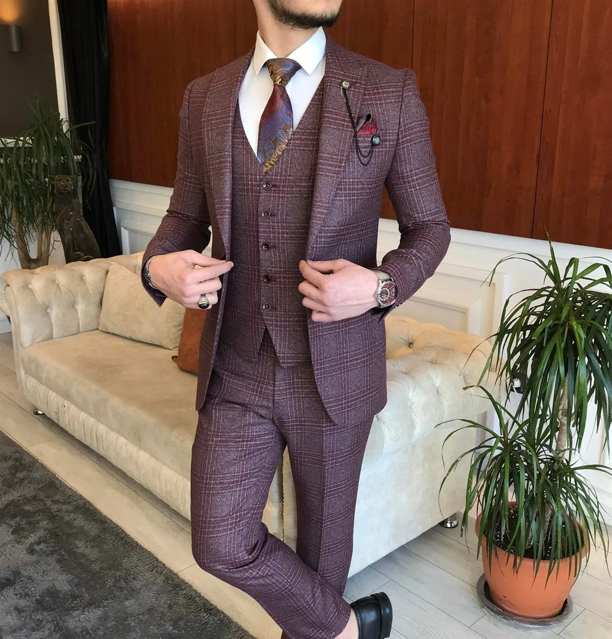 Bojoni Claret Red Plaid Slim-Fit Suit 3-Piece