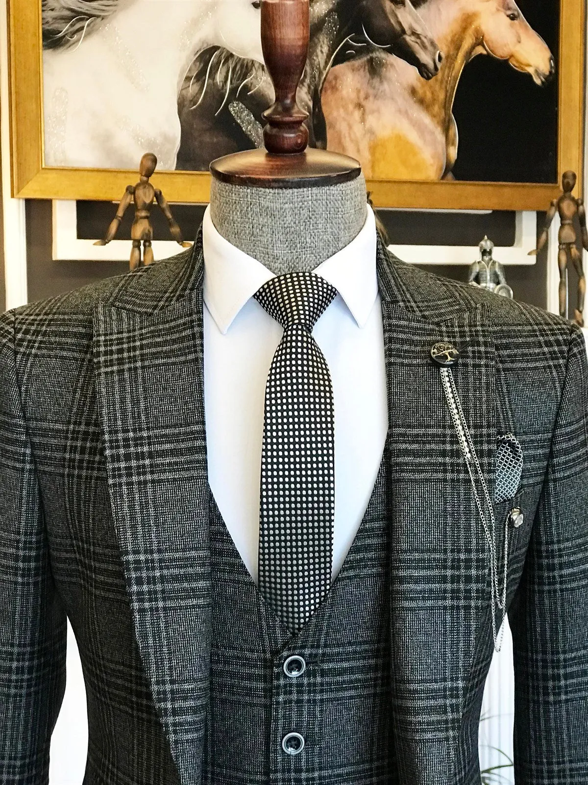 Bojoni Grey Plaid Slim-Fit Suit 3-Piece