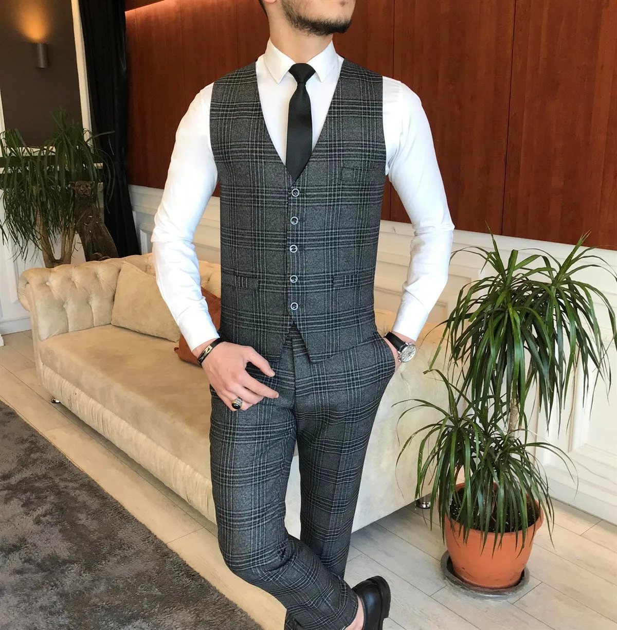 Bojoni Grey Plaid Slim-Fit Suit 3-Piece