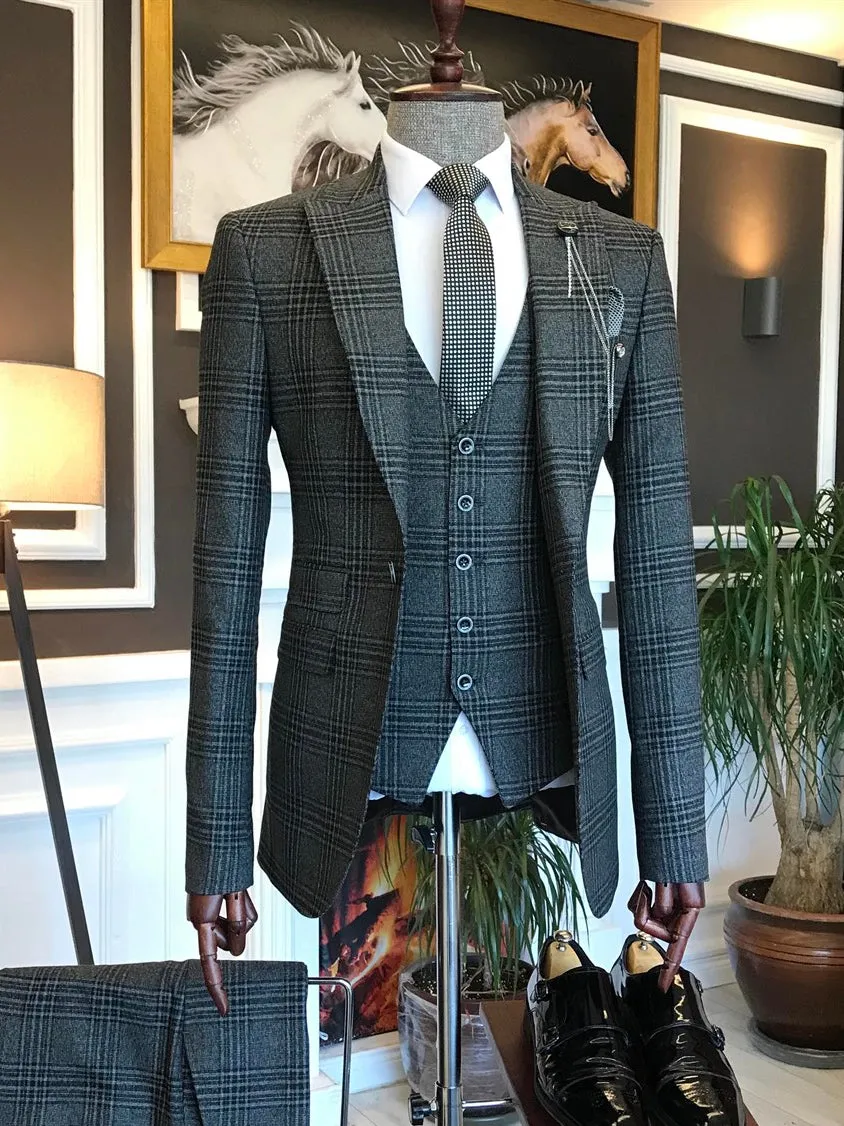 Bojoni Grey Plaid Slim-Fit Suit 3-Piece