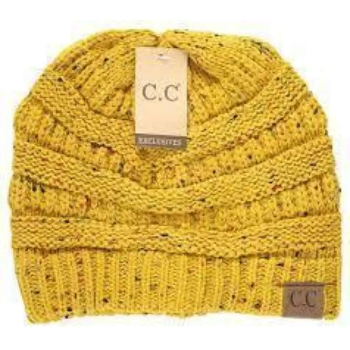 C. C Cable Knit Beanie Messy Bun/Ponytail Confetti Hat