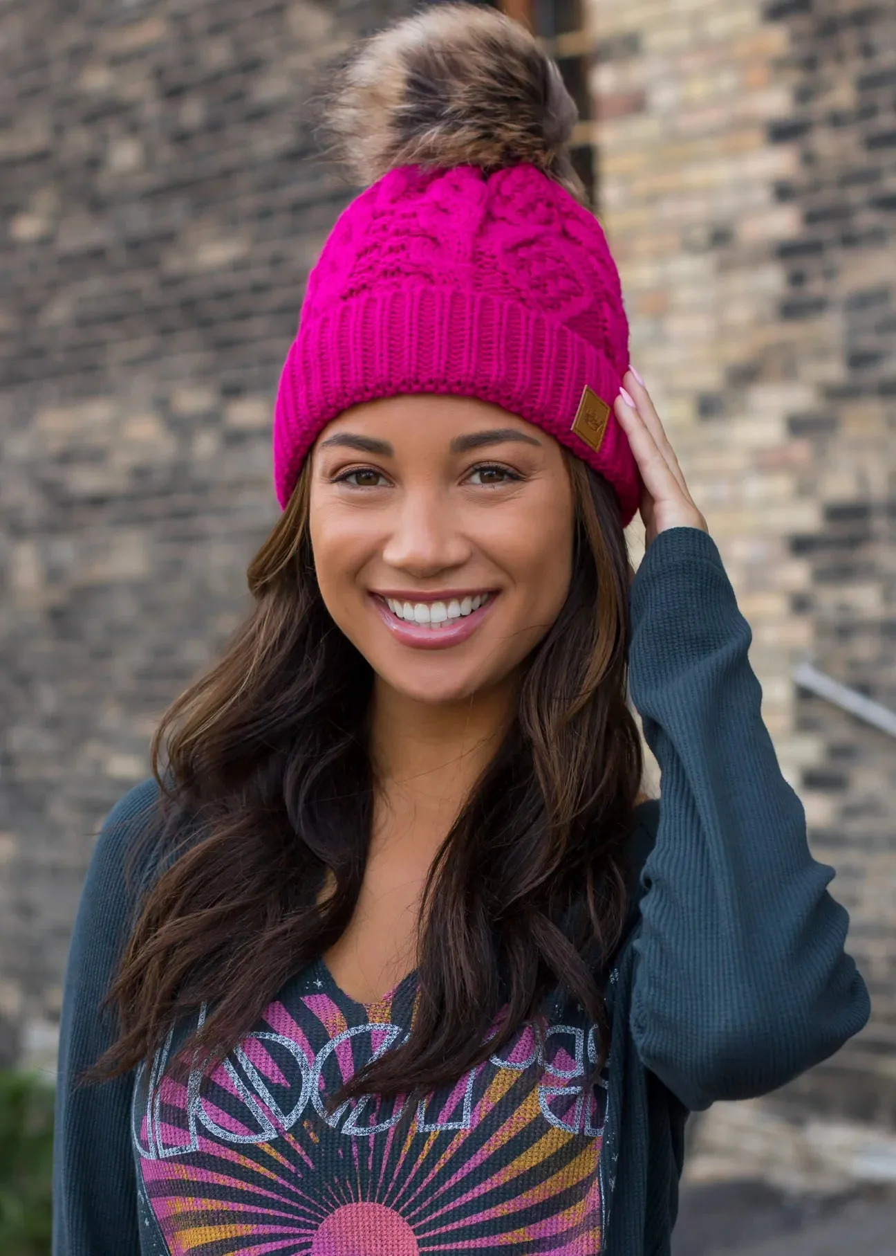 Cable Knit Hat with Faux Fur Pom