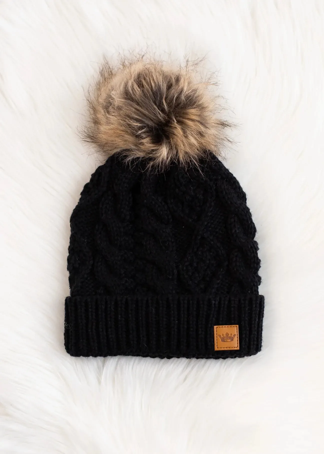 Cable Knit Hat with Faux Fur Pom