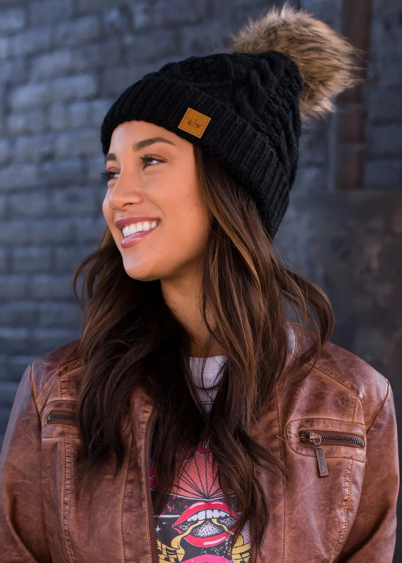 Cable Knit Hat with Faux Fur Pom