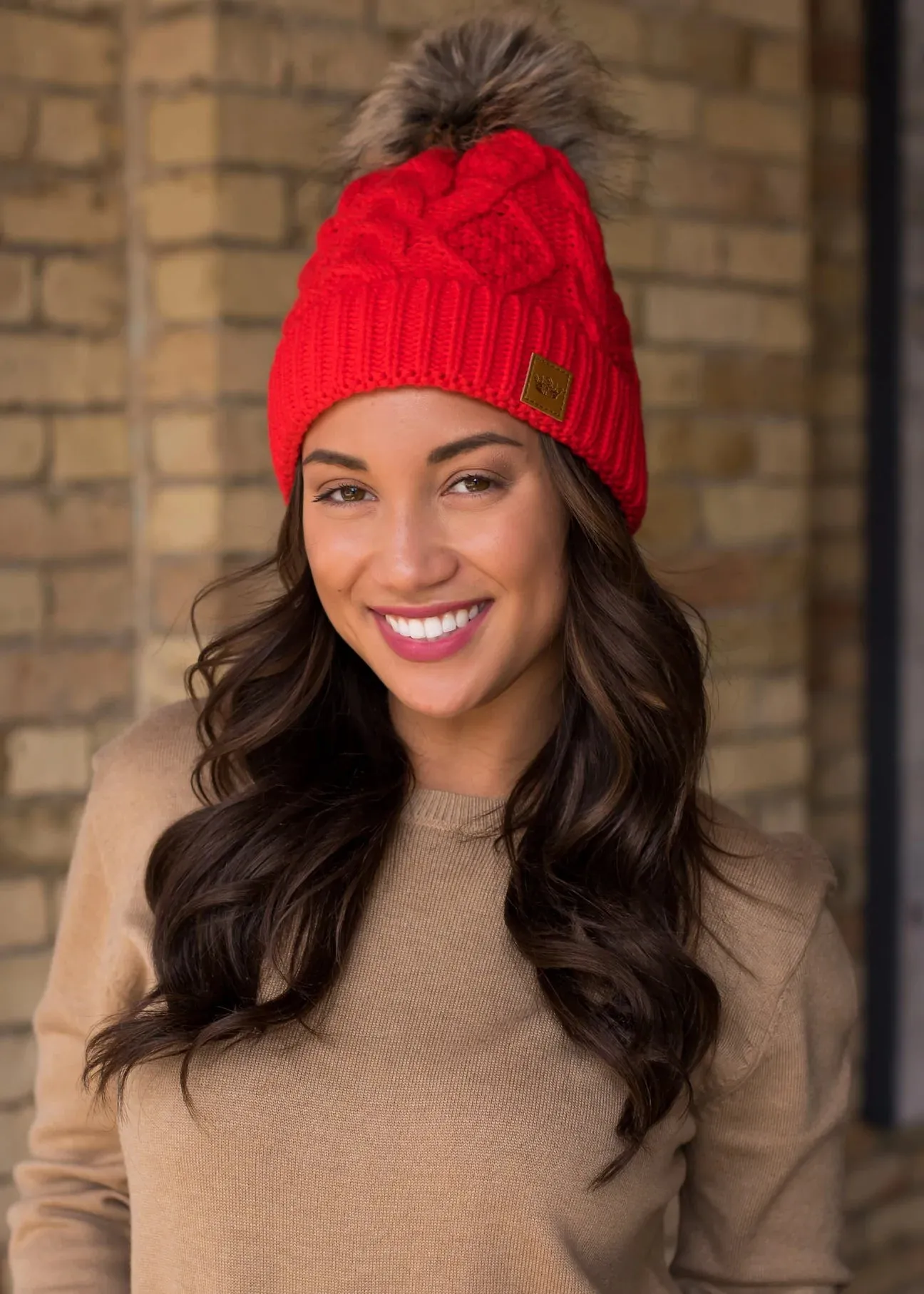 Cable Knit Hat with Faux Fur Pom