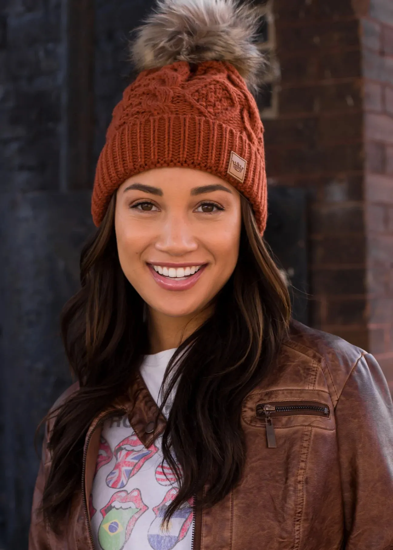 Cable Knit Hat with Faux Fur Pom