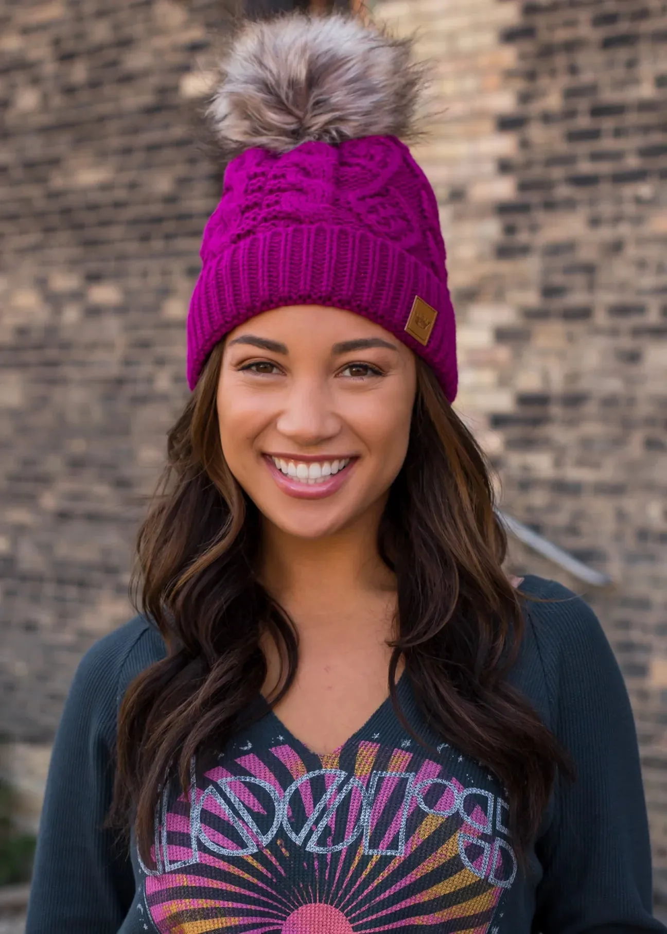 Cable Knit Hat with Faux Fur Pom