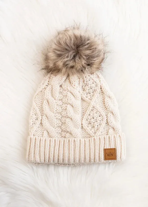 Cable Knit Hat with Faux Fur Pom