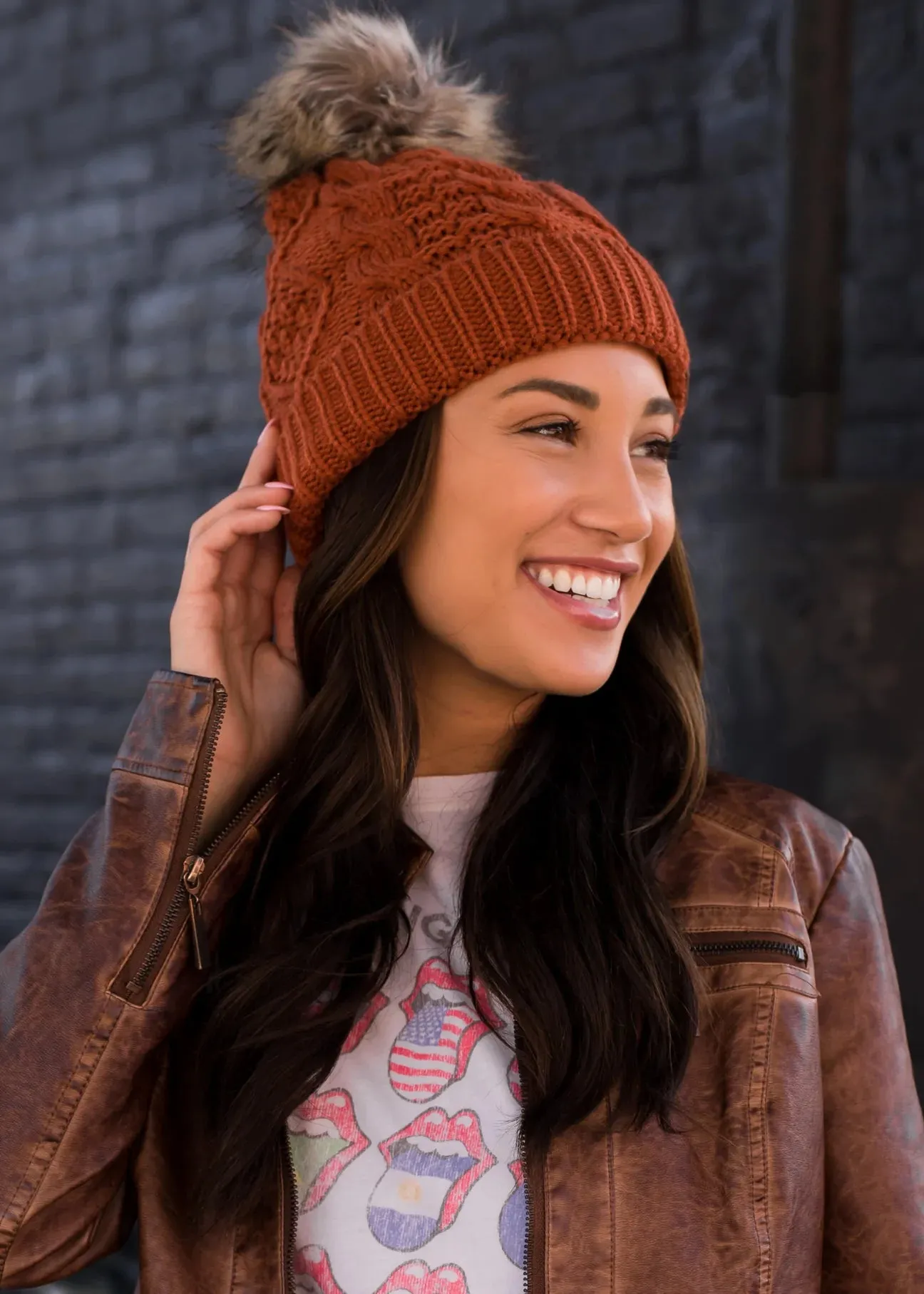 Cable Knit Hat with Faux Fur Pom