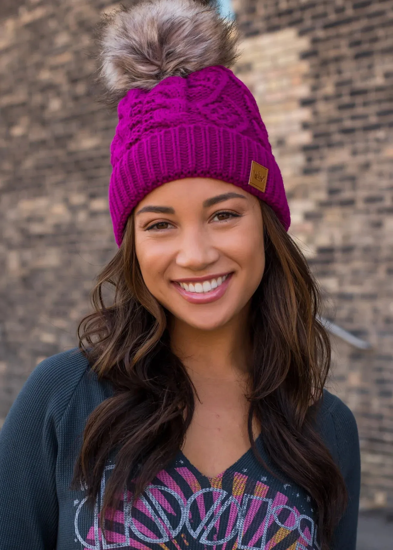 Cable Knit Hat with Faux Fur Pom