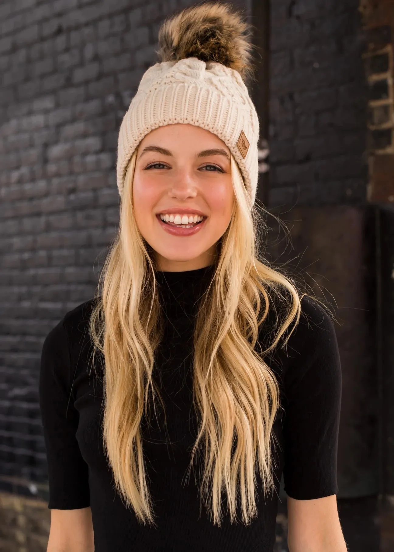 Cable Knit Hat with Faux Fur Pom