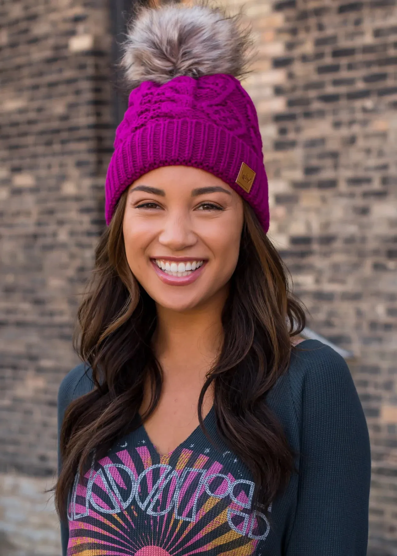 Cable Knit Hat with Faux Fur Pom