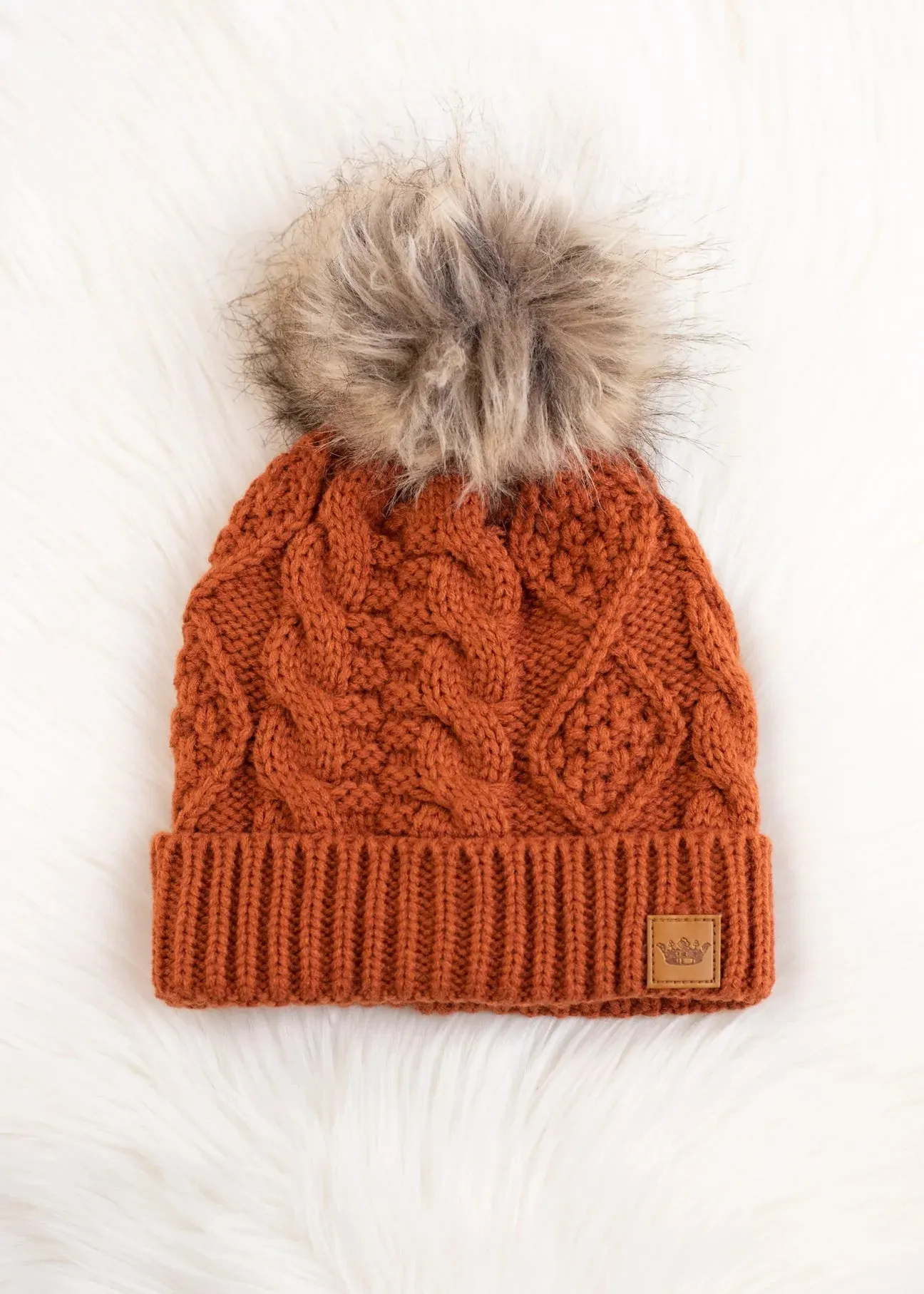 Cable Knit Hat with Faux Fur Pom