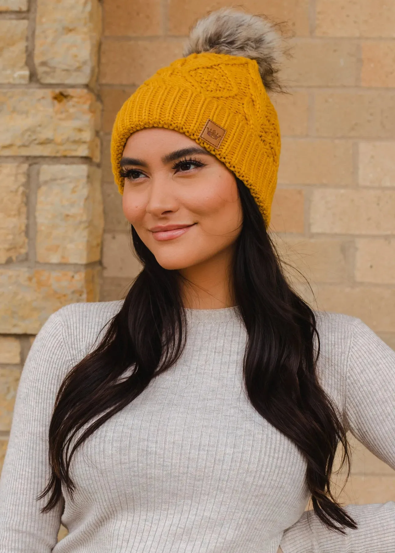 Cable Knit Hat with Faux Fur Pom