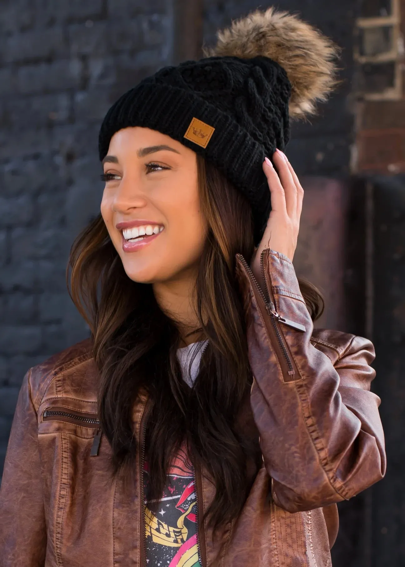 Cable Knit Hat with Faux Fur Pom