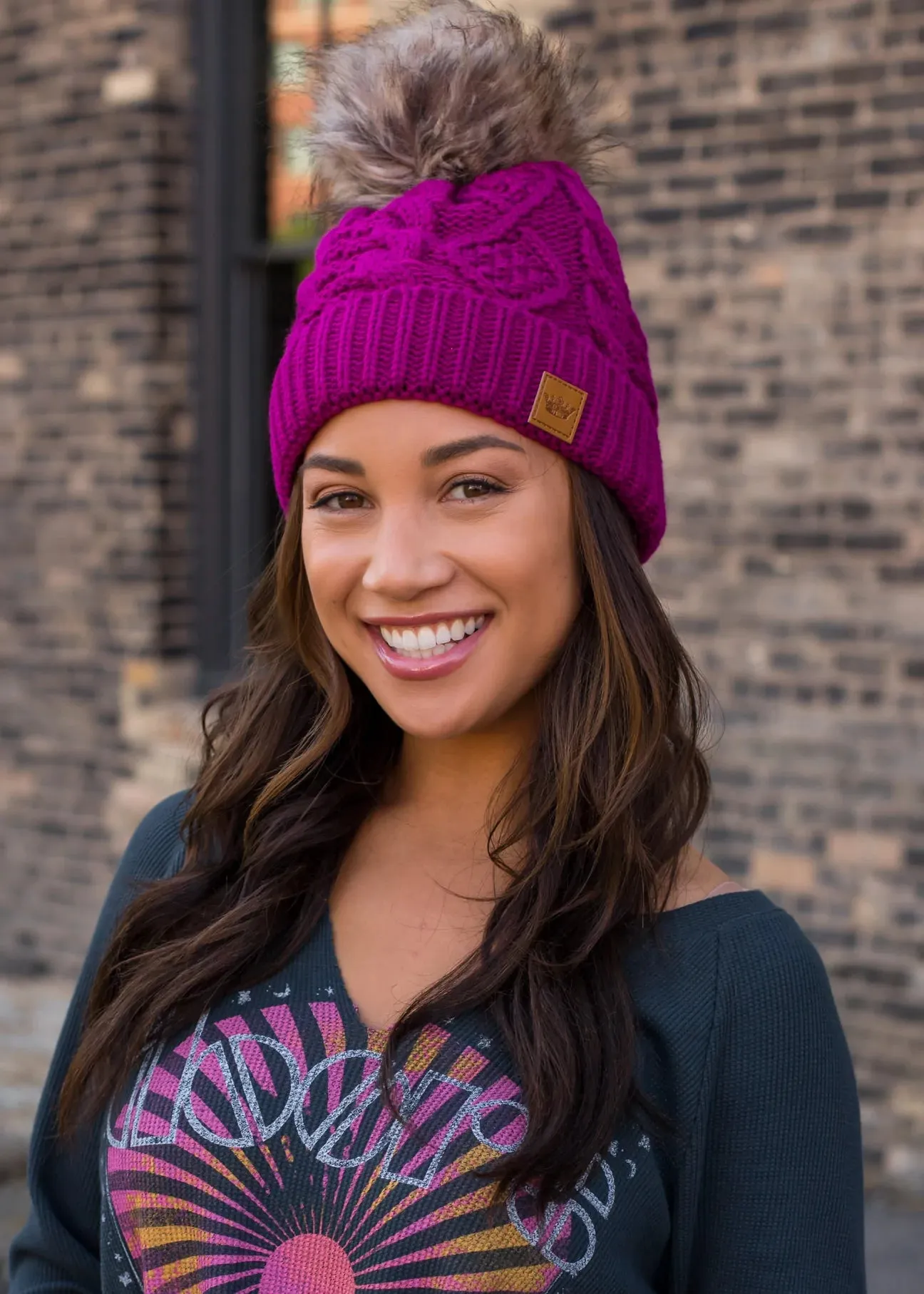 Cable Knit Hat with Faux Fur Pom