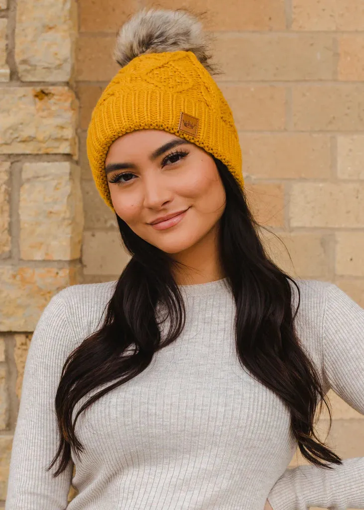 Cable Knit Hat with Faux Fur Pom