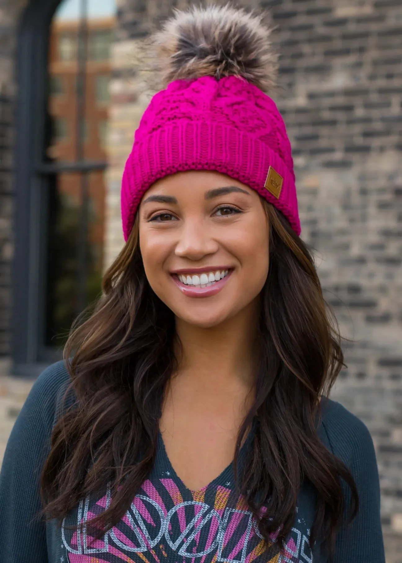 Cable Knit Hat with Faux Fur Pom