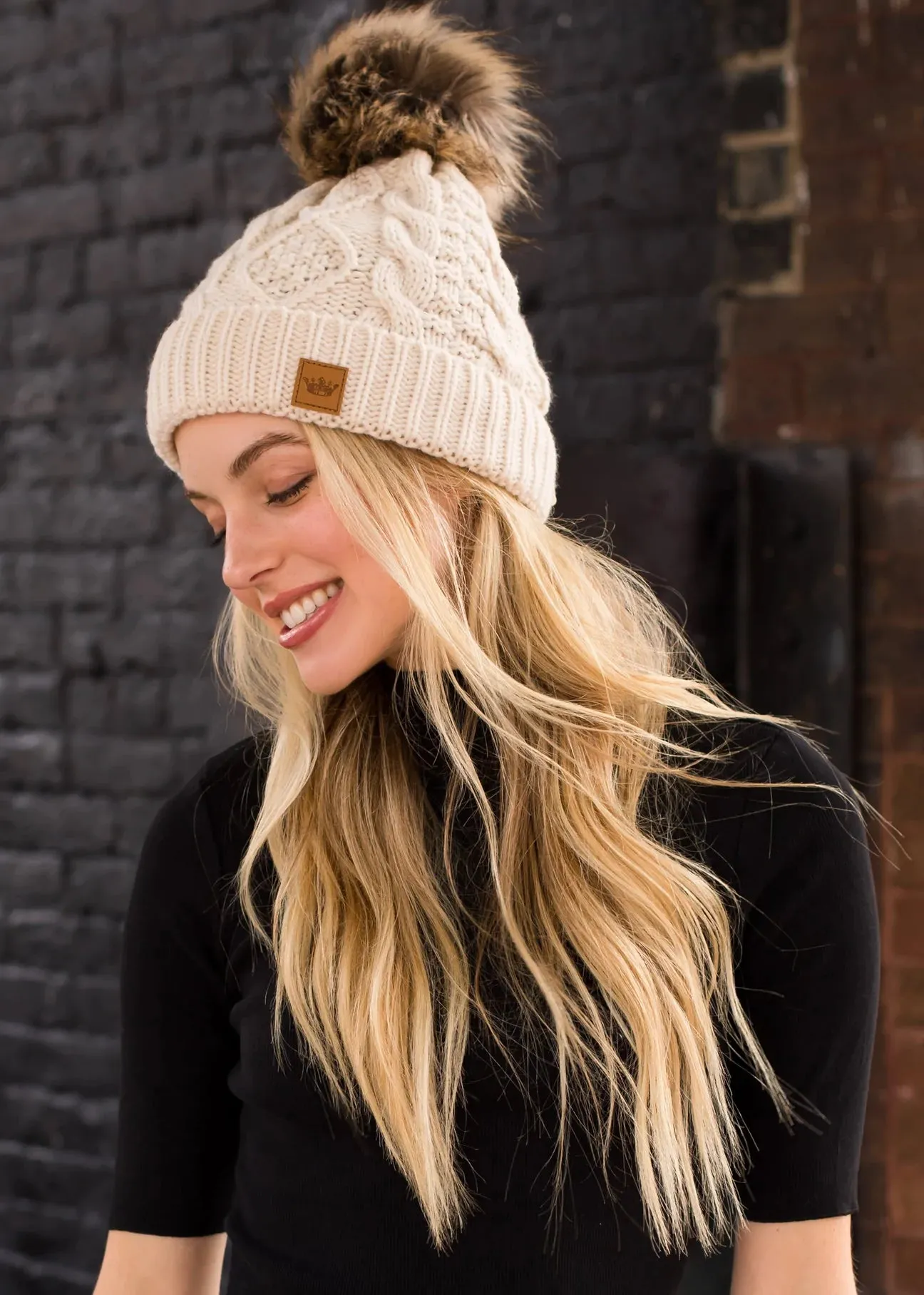 Cable Knit Hat with Faux Fur Pom