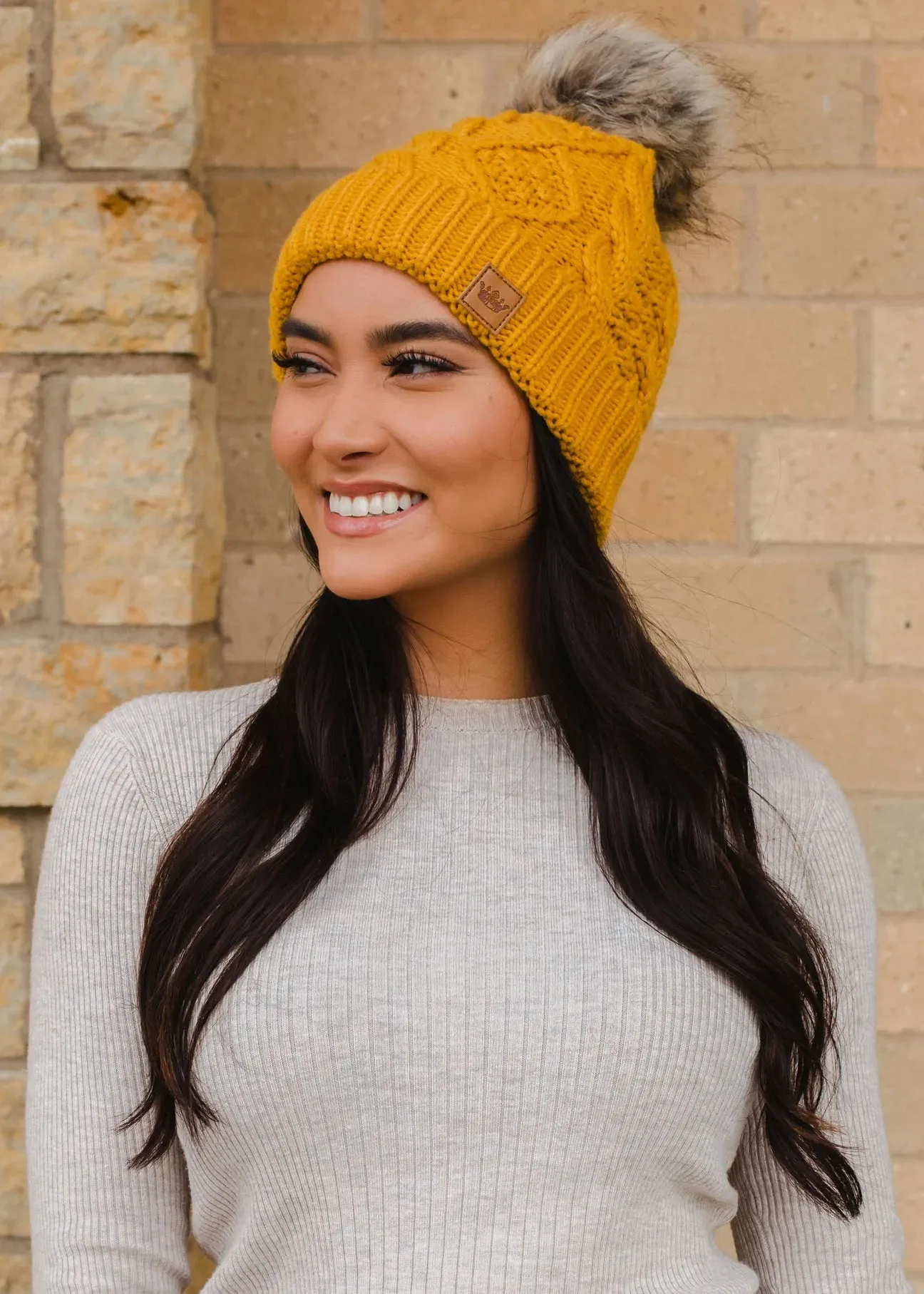 Cable Knit Hat with Faux Fur Pom