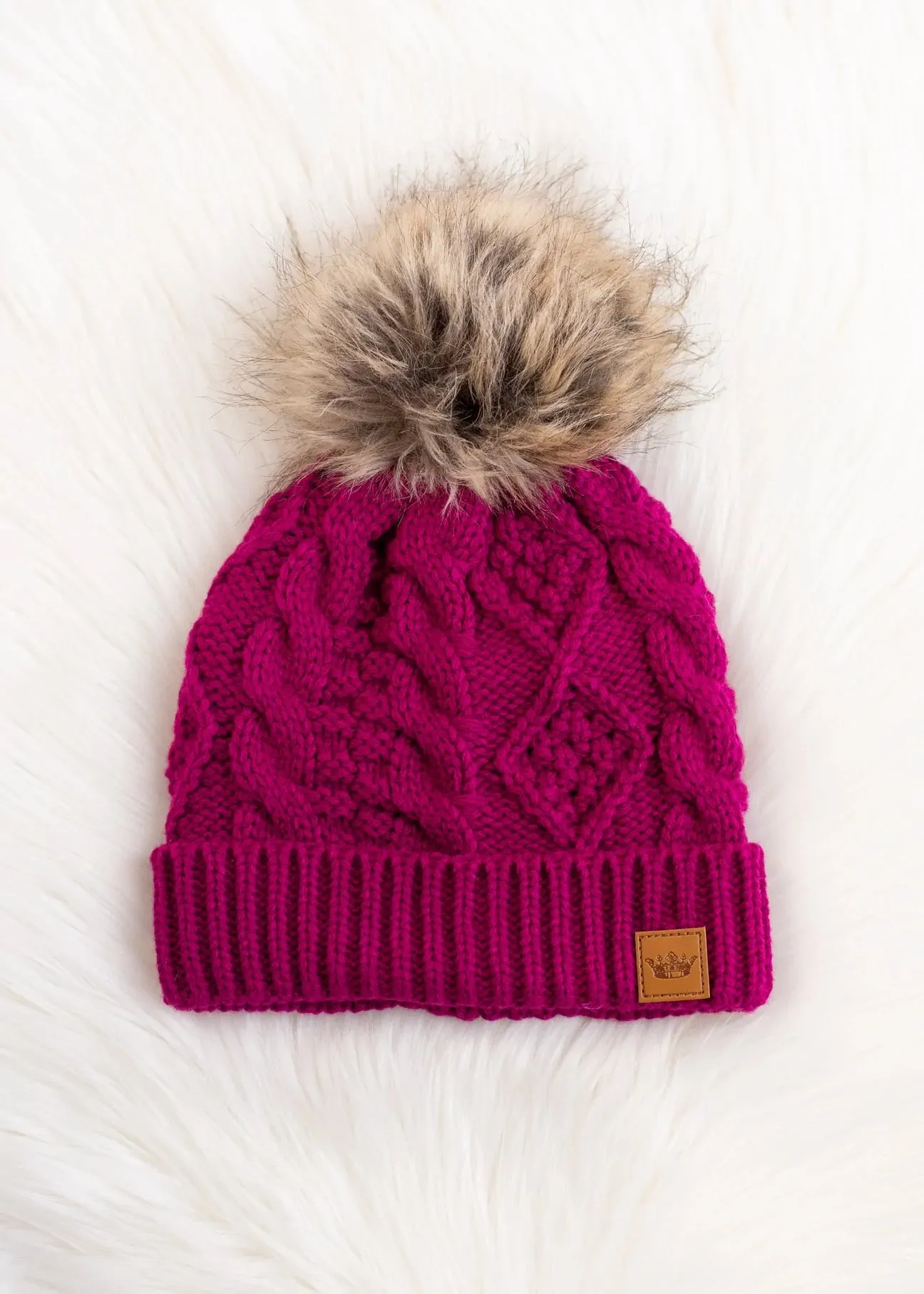 Cable Knit Hat with Faux Fur Pom