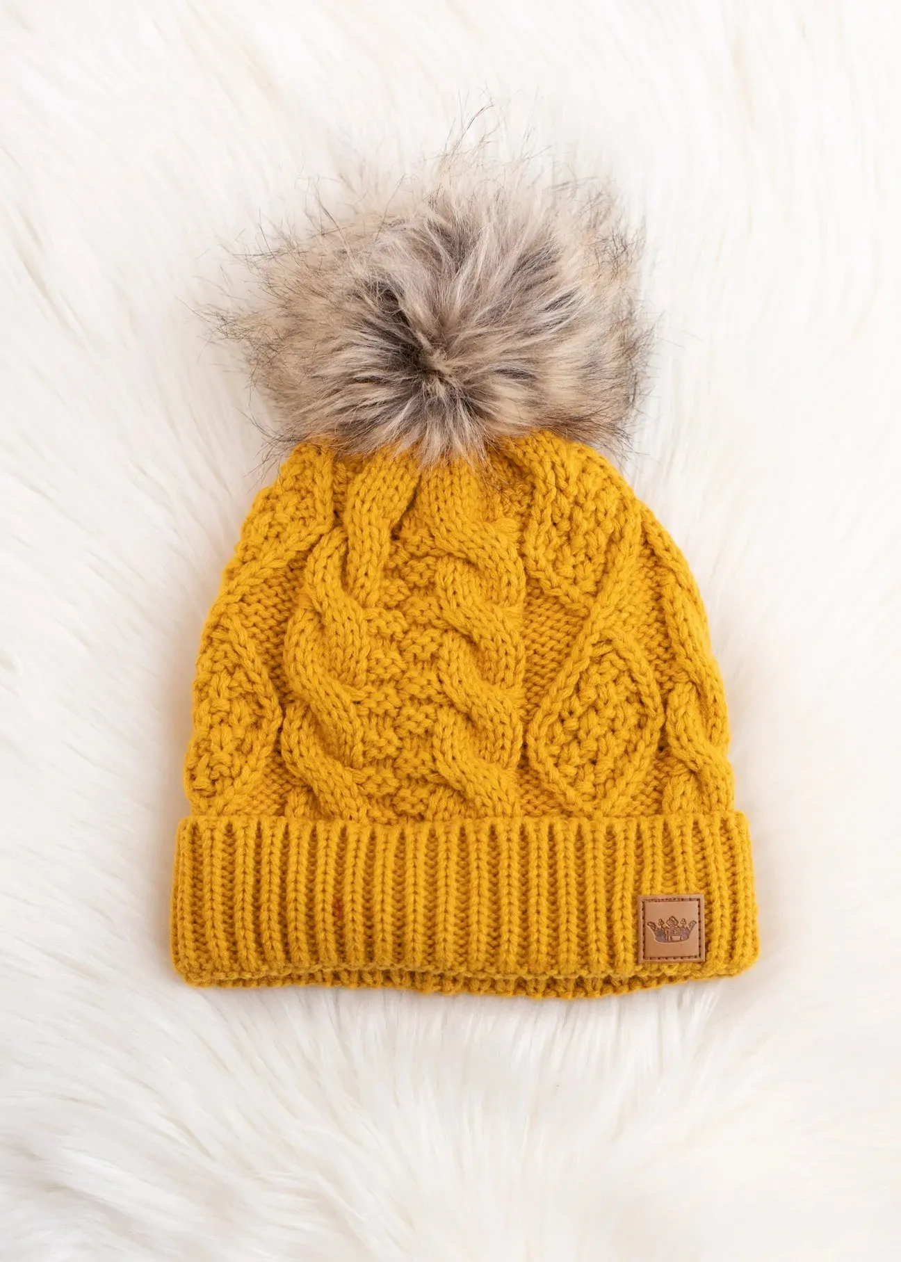 Cable Knit Hat with Faux Fur Pom