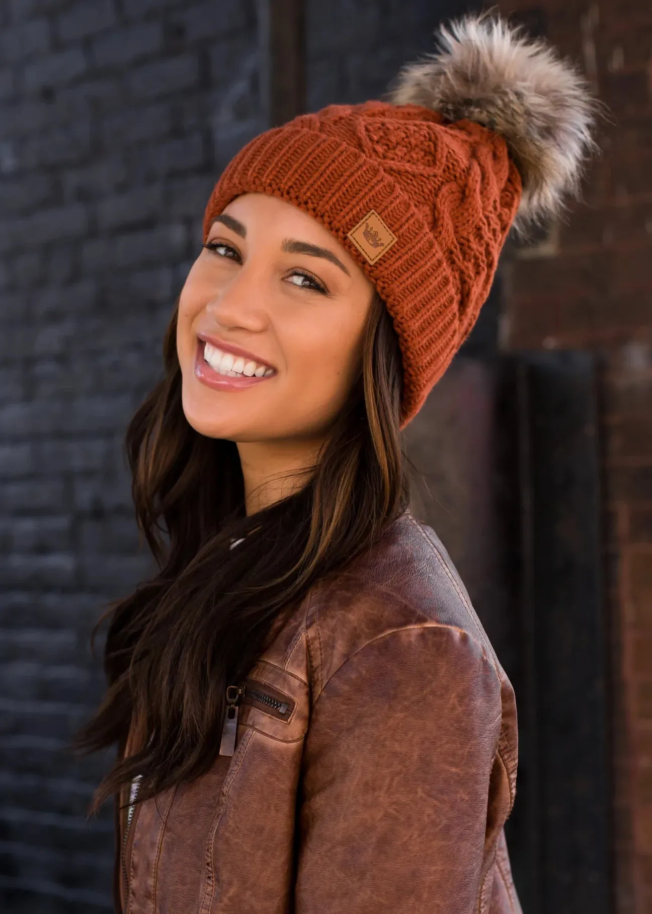 Cable Knit Hat with Faux Fur Pom