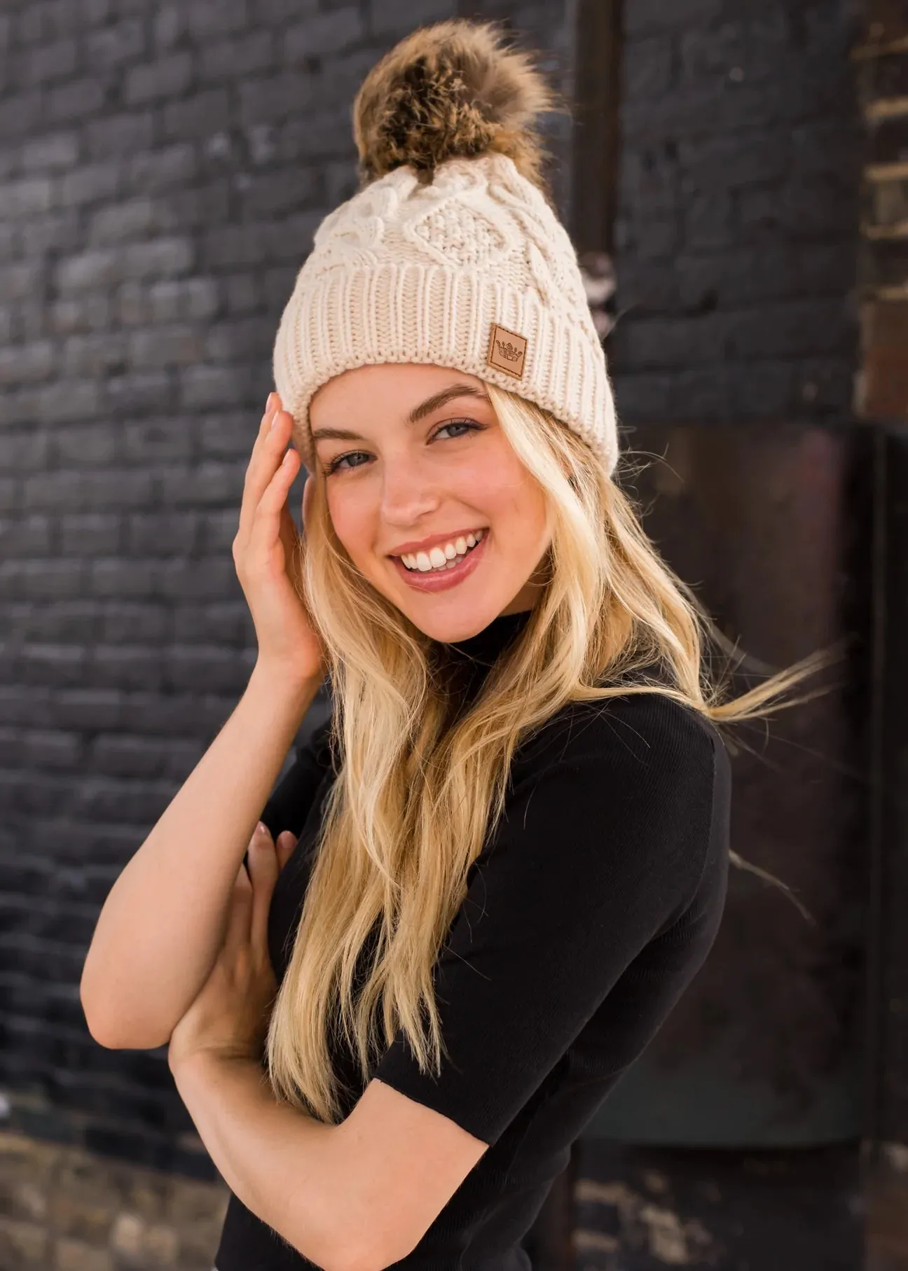 Cable Knit Hat with Faux Fur Pom