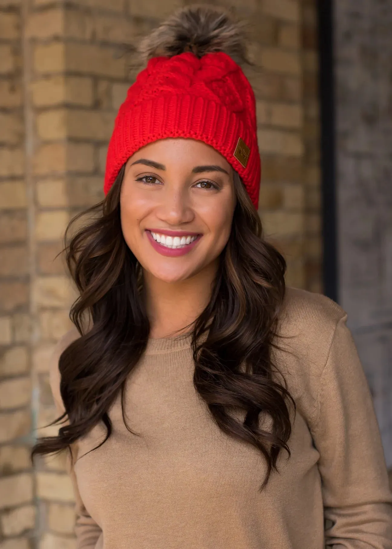 Cable Knit Hat with Faux Fur Pom