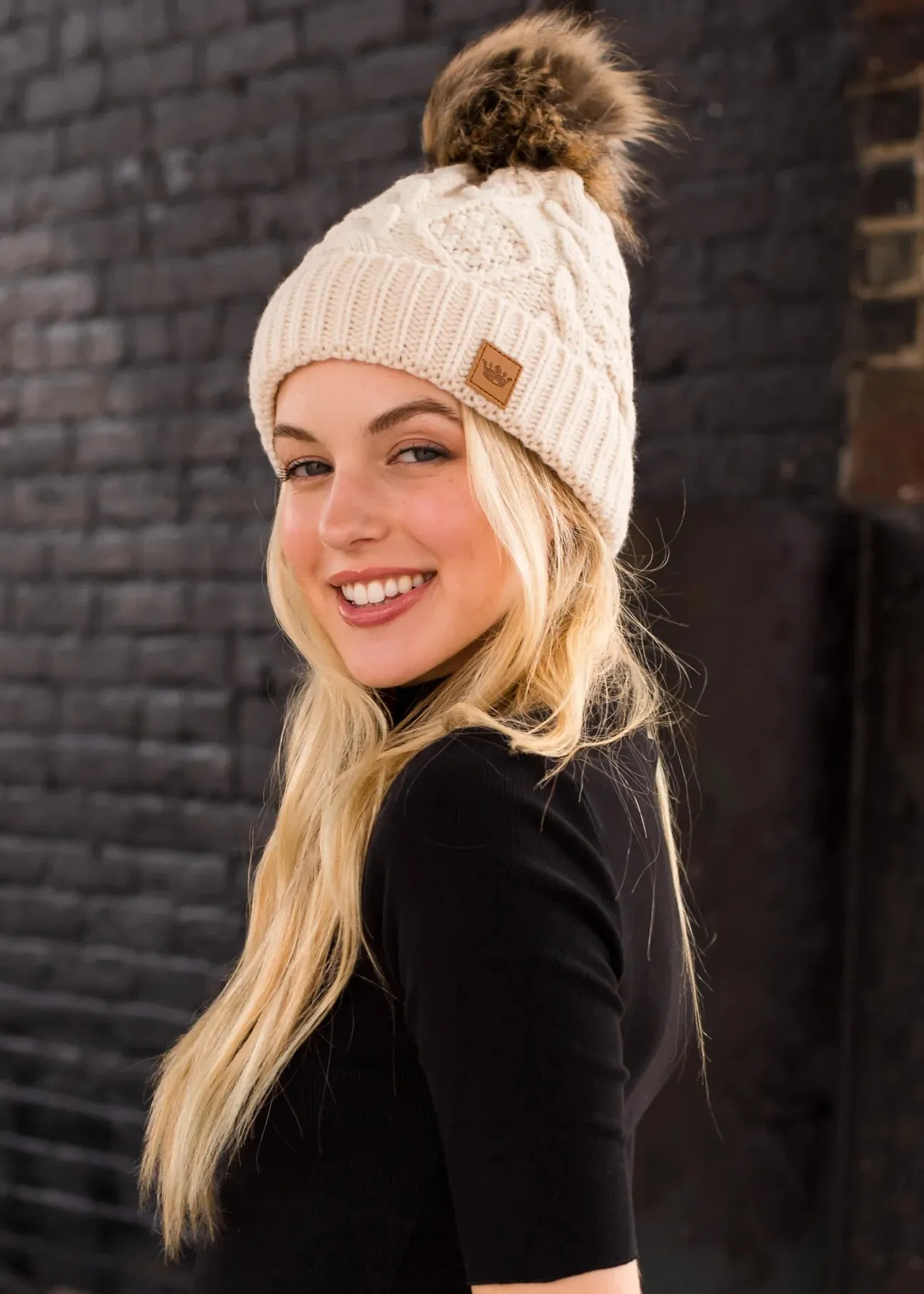 Cable Knit Hat with Faux Fur Pom