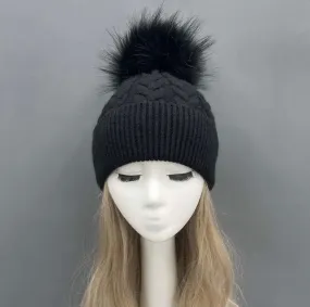 Cableknit Cashmere/Angora Faux Fur Bobble Hat